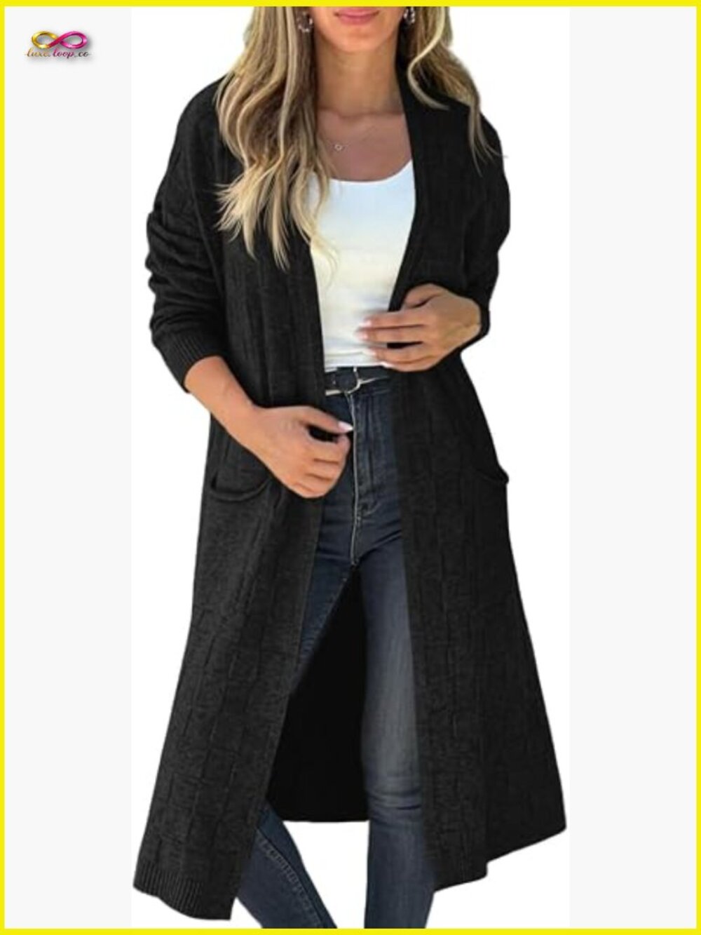Oversized Long Cardigan Sweater Open Front Knit Jacket with Pockets Trendy Y2K